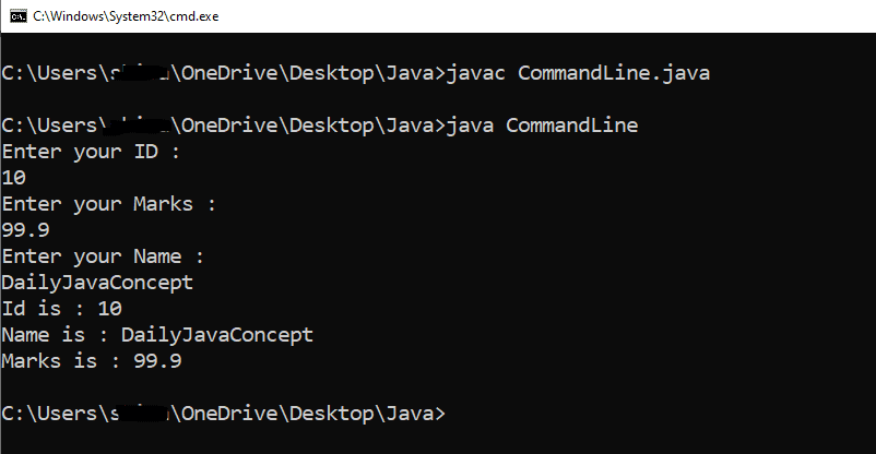 Output Screen to print the input values taken by the IO class